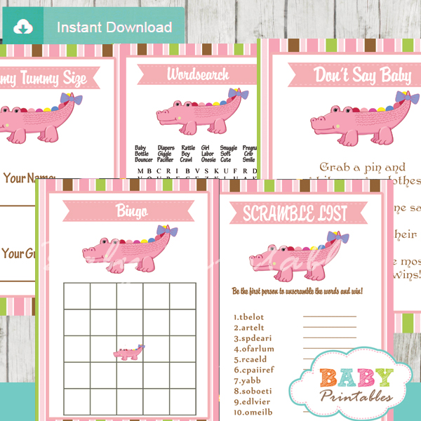 printable crocodile themed baby shower games package