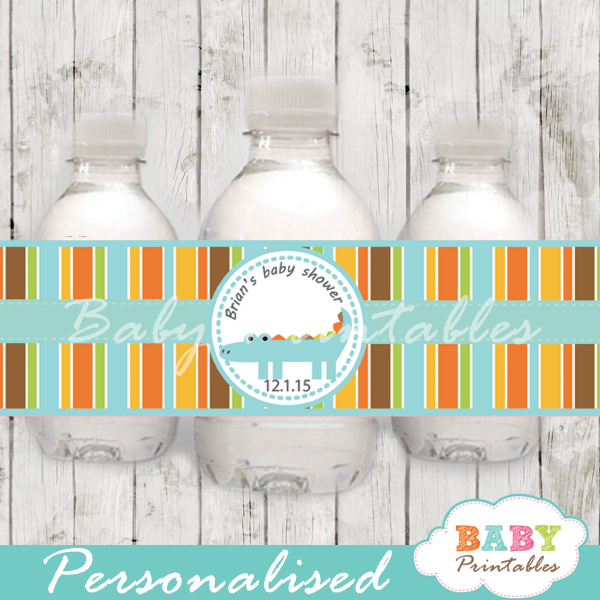 personalized blue crocodile baby shower bottle wrappers