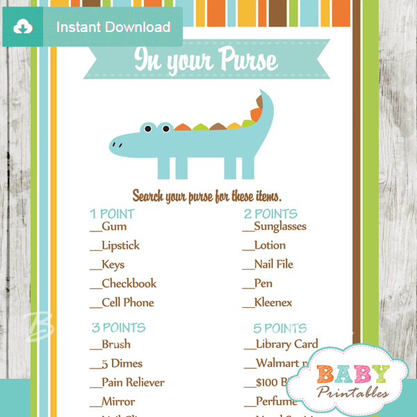 crocodile themed printable baby shower games what's in your purse