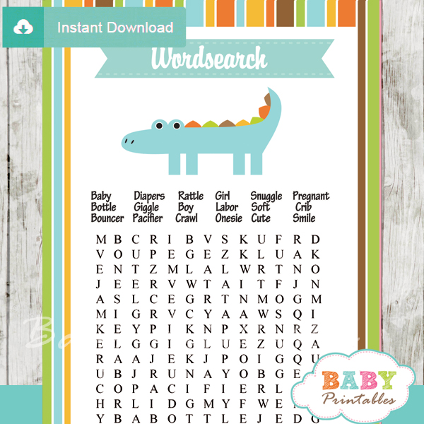crocodile themed printable baby shower word search puzzles