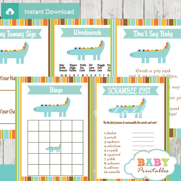 printable crocodile themed baby shower games package