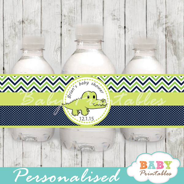 personalized green crocodile baby shower bottle wrappers