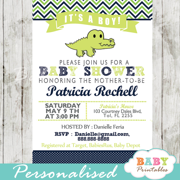 personalized crocodile green and navy blue crocodile boy baby shower invitation printable