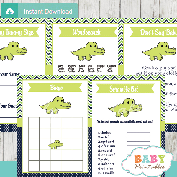printable preppy crocodile themed baby shower games package