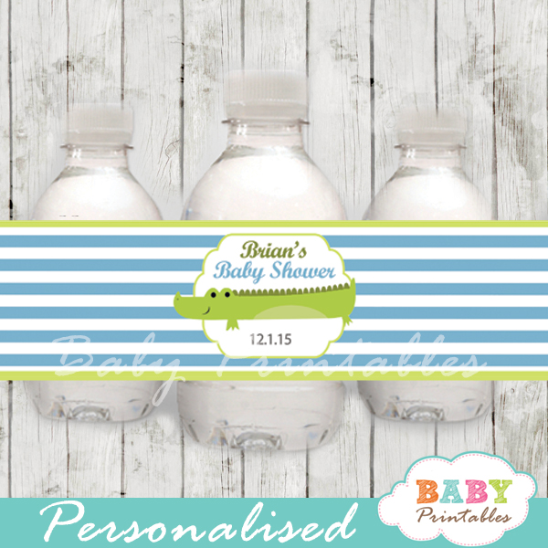 personalized green crocodile baby shower bottle wrappers