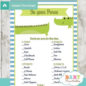 preppy crocodile themed printable baby shower games what's in your purse