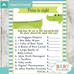 crocodile Price is Right Baby Shower Game printable pdf