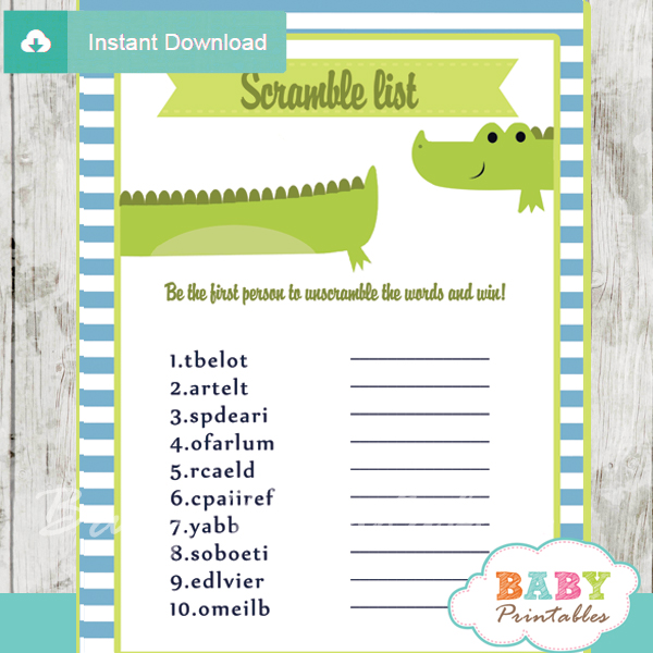 crocodile printable word scramble baby shower games