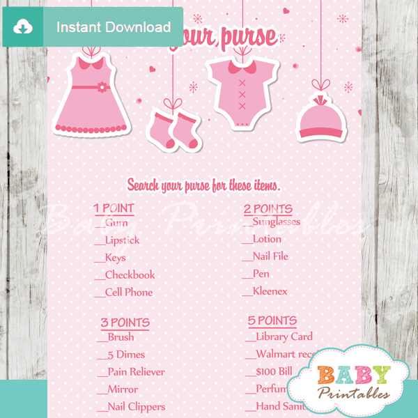 pink baby girl clothes themed printable baby shower games what's in your purse