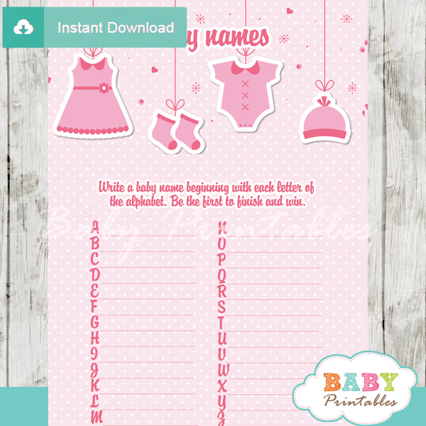 printable pink baby girl clothes Name Race Baby Shower Game