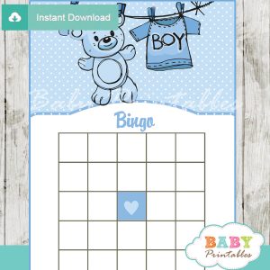 printable blue baby boy clothes themed baby shower bingo games cards