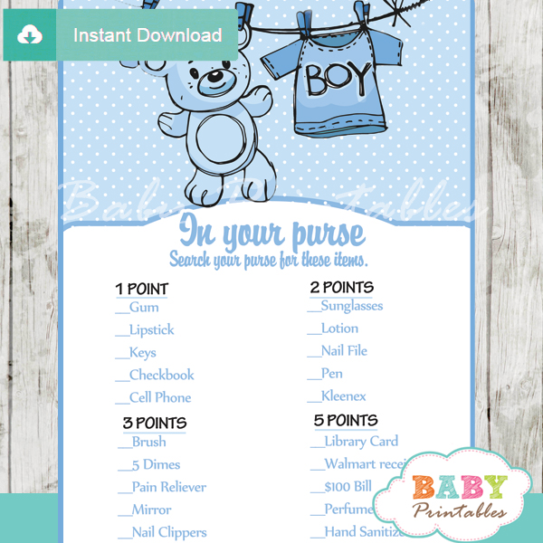 blue baby boy clothes themed printable baby shower games what's in your purse