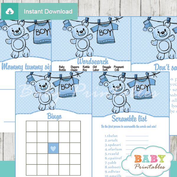 printable blue clothes themed baby shower games package