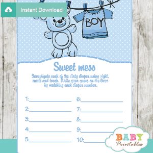 blue baby boy clothes themed Baby Shower Game What's That Sweet Mess Dirty Diaper Shower Game