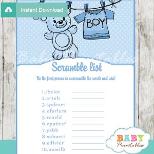 baby boy blue clothes printable word scramble baby shower games