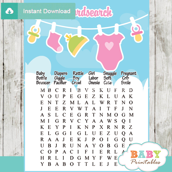 baby girl pink green clothes themed printable baby shower word search puzzles