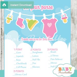 baby girl clothes themed printable baby shower games what's in your purse