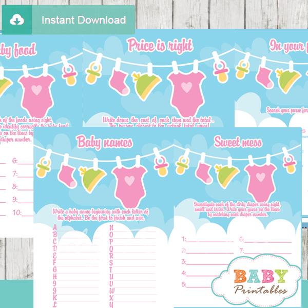 printable pink green clothes baby shower fun games ideas