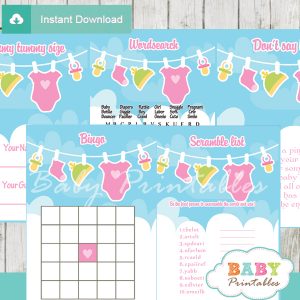 printable pink green clothes themed baby shower games package