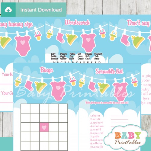 Pink & Green Baby Girl Clothes Baby Shower Games - D152 - Baby Printables