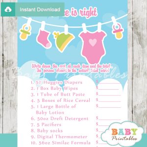 baby girl clothes Price is Right Baby Shower Games printable pdf