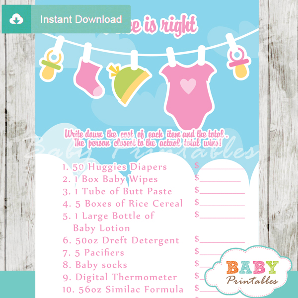 baby girl clothes Price is Right Baby Shower Games printable pdf