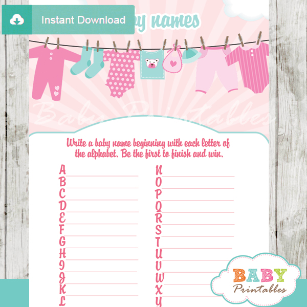 printable baby girl clothes Name Race Baby Shower Game cards