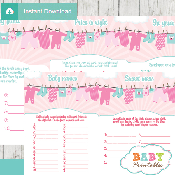 printable pink tiffany clothes baby shower fun games ideas