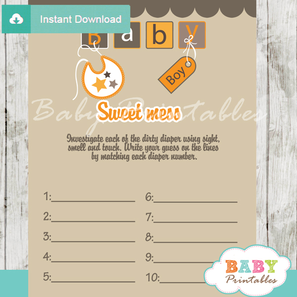 baby blocks letters themed Baby Shower Game What's That Sweet Mess Dirty Diaper Shower Game