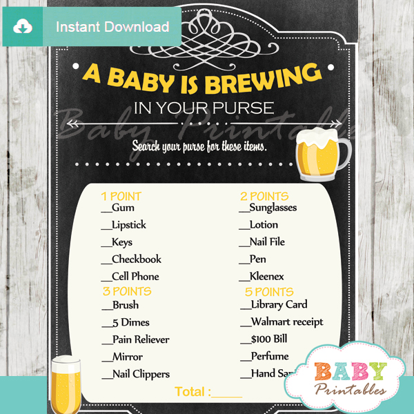 baby is brewing themed printable baby shower games what's in your purse