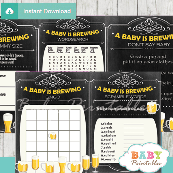printable baby is brewing themed baby shower games package