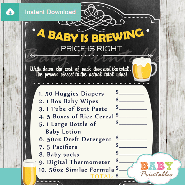baby baby is brewing Price is Right Baby Shower Games printable pdf