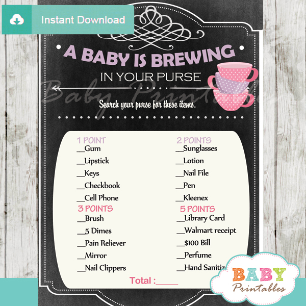 tea party themed printable baby shower games what's in your purse