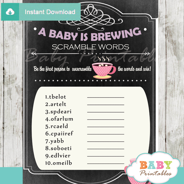 baby girl tea party printable word scramble baby shower games
