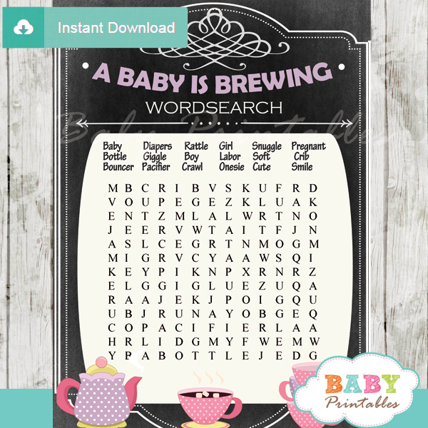 tea party themed printable baby shower word search puzzles