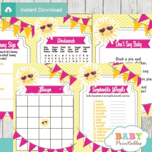printable pink yellow chevron sunshine themed baby shower games package