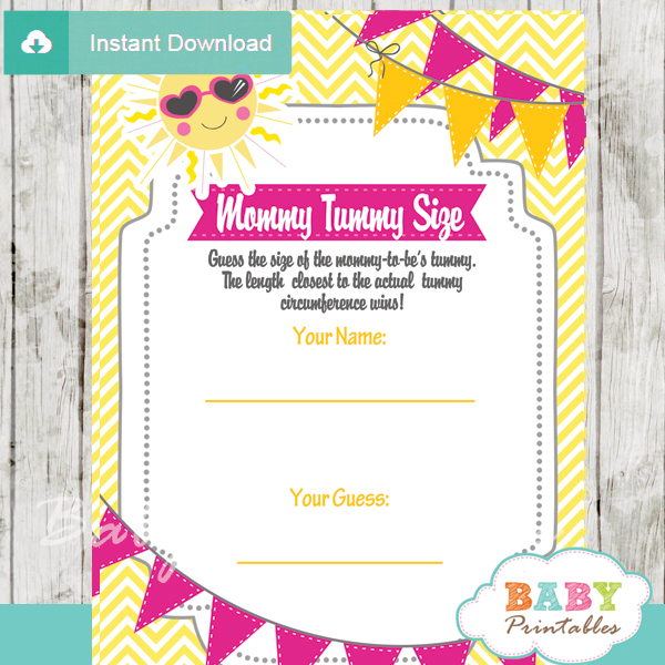 pink yellow sunshine printable Baby Shower Game Guess the Mommy's Tummy Size