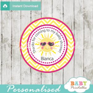 custom pink yellow chevron sunshine themed baby shower tags labels