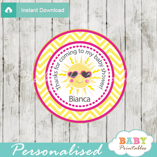 custom pink yellow chevron sunshine themed baby shower tags labels