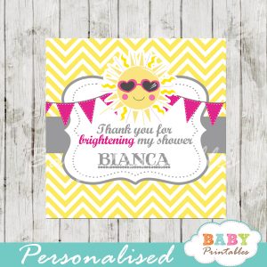 printable pink yellow chevron sunshine baby shower gift labels
