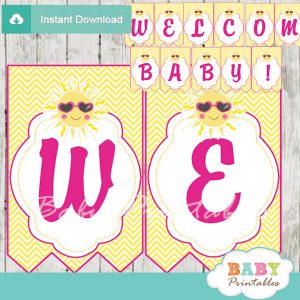 printable welcome pink yellow sunshine decoration baby shower banner