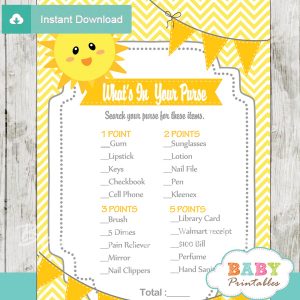 yellow sunshine themed printable baby shower games what's in your purse