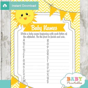 printable sunshine Name Race Baby Shower Game cards
