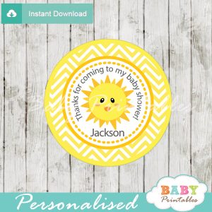 custom yellow chevron sunshine themed baby shower tags labels