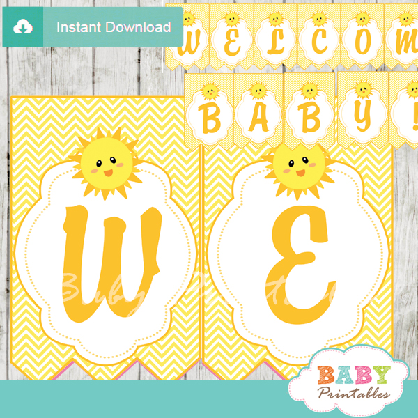 printable welcome yellow sunshine decoration baby shower banner