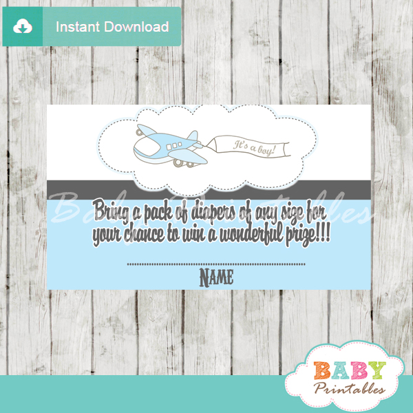 printable blue plane diaper raffle game cards baby shower