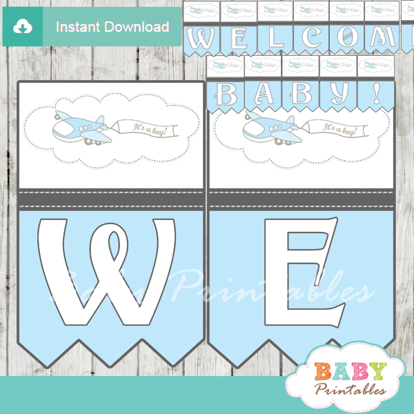 printable blue airplane decoration baby shower welcome banner