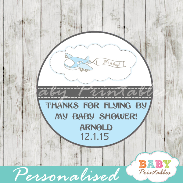 custom blue airplane themed baby shower favor labels