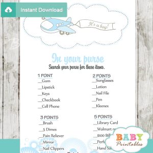 blue airplane themed printable baby shower games what's in your purse