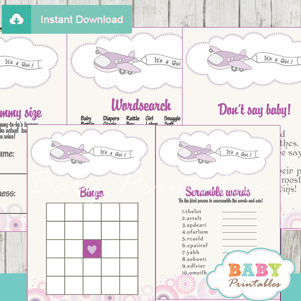 printable purple airplane themed baby shower games package
